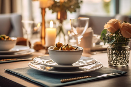 Elegant table setting with fresh apricots and candles in restaurantの素材