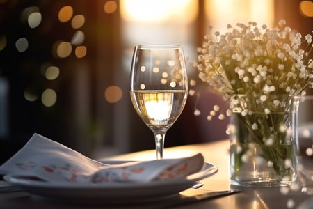 Wine glass and plate on table in restaurant. romantic dinner conceptの素材