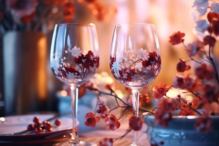 Romantic table setting with flowers and cutlery, closeupの素材