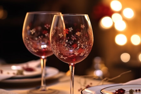 Two glasses of red wine on the table in a restaurant with bokehの素材