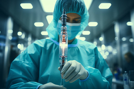 Concentrated surgeon holding a syringe while working in a hospitalの素材