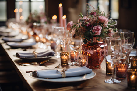 Festive table setting for wedding or another catered event dinner.の素材