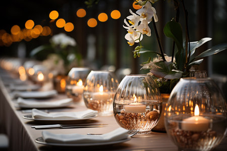 Beautiful table setting with candles and orchids, closeupの素材