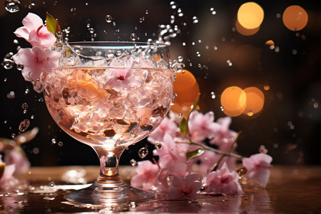Cocktail with ice cubes and pink cherry blossoms on dark backgroundの素材
