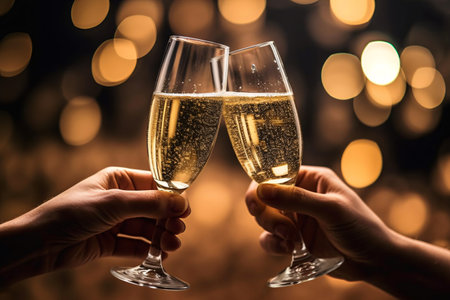 Two hands clinking champagne glasses with bokeh lights on backgroundの素材