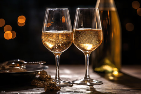 Two glasses of white wine on a wooden table with a blurred background.の素材