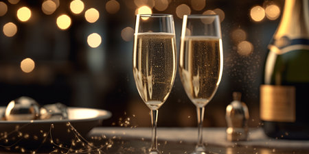 Glasses of champagne on blurred background with bokeh effect, closeupの素材
