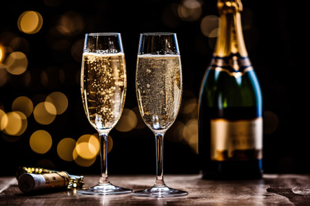 Glasses of champagne and bottle on bokeh background. New Year celebrationの素材