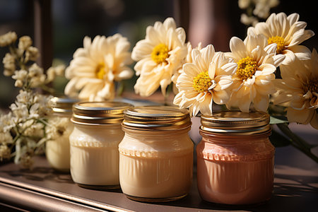 Jars with natural cosmetic products and flowers on table, closeupの素材