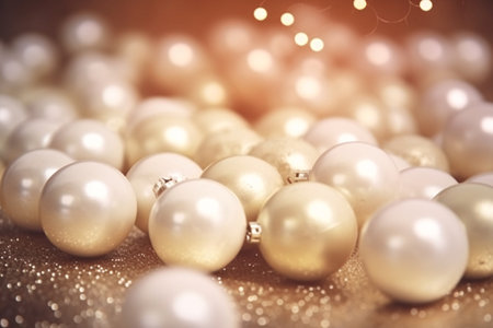 Beautiful white pearls on a golden background. Selective focus.の素材