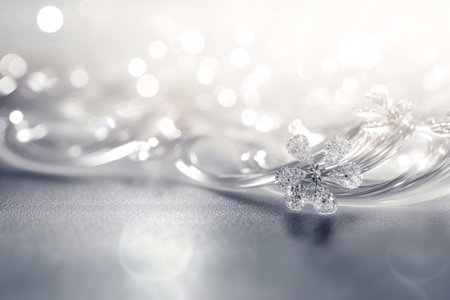 Silver christmas background with bokeh lights and snowflakesの素材