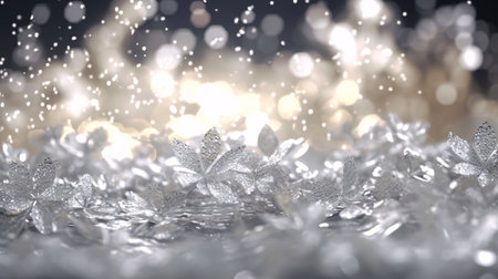 Silver snowflakes on bokeh background. 3d renderingの素材