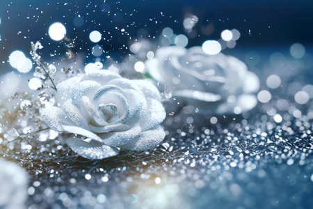 White rose on blue bokeh background. Valentines day conceptの素材