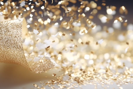 Golden confetti on bokeh background. Festive decoration.の素材