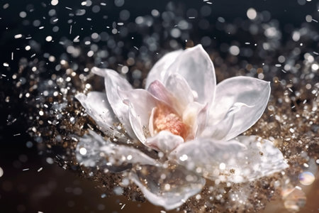 Magnolia flower on a dark background with water drops, close-upの素材