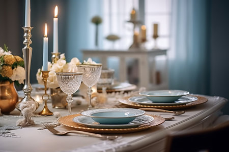 Festive table setting for wedding or another catered event dinner.の素材