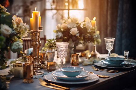 Elegant table setting with vintage cutlery and floral decorの素材
