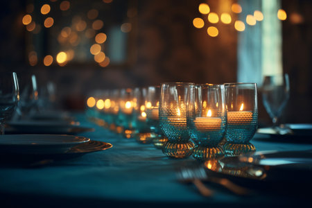 Elegant table setting with candles in restaurant. Selective focusの素材