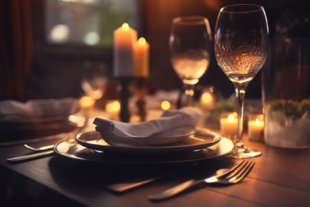 Elegant table setting for romantic dinner in restaurant, closeupの素材