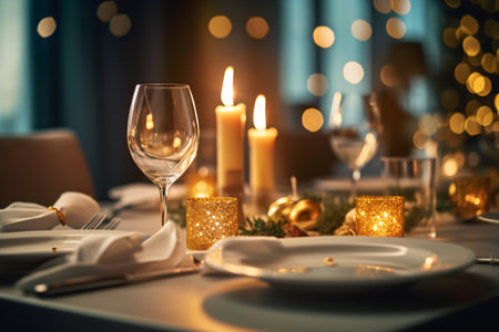 Beautiful table setting for Christmas dinner in luxury restaurant, closeupの素材