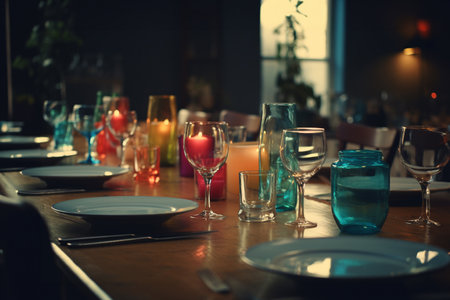 Beautiful table setting for dinner in restaurant. Selective focus.の素材