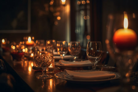 Elegant table setting with candles in restaurant. Selective focus.の素材