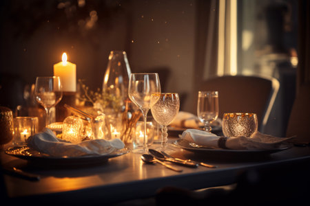 Beautiful table setting for Christmas or New Year dinner. Selective focus.の素材
