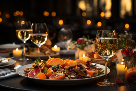 Table served for Christmas dinner with wine and fruits on dark backgroundの素材