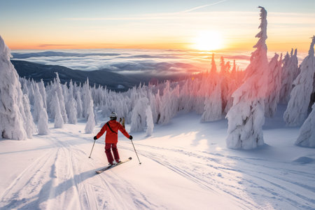Skier skiing in the mountains at sunset. Beautiful winter landscape.の素材