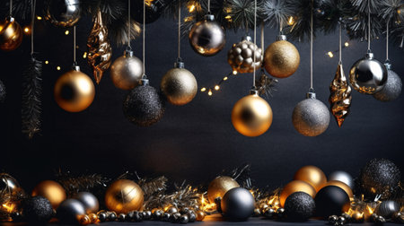 Christmas background with golden and black baubles. 3d renderの素材