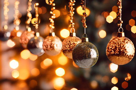 Golden Christmas balls on bokeh background. New Year concept.の素材