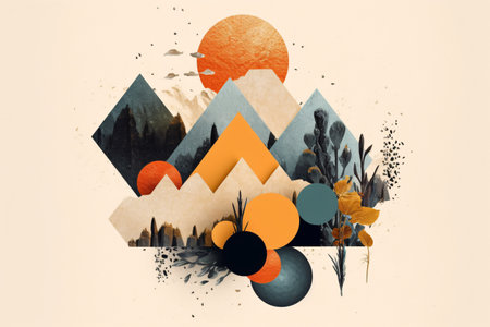 Abstract mountain landscape with colorful autumn leaves and sun. Digital painting.の素材