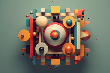 3d rendering of abstract geometric shape in yellow, orange, blue and brownの素材