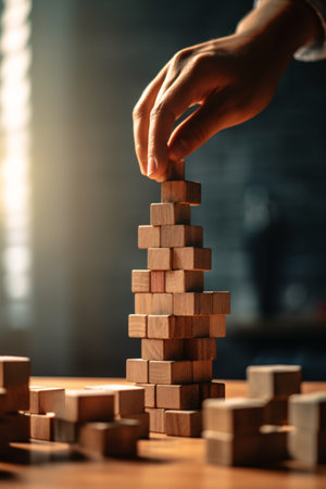 Close-up image of businessman's hand placing wooden blocks on top of a towerの素材