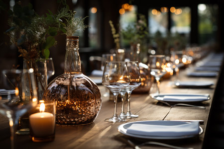 Elegant table setting in a restaurant. Glasses and plates on the table.の素材