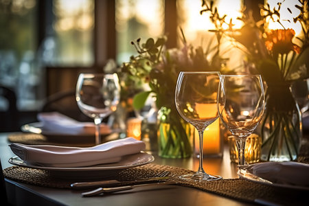 Elegant table setting with flowers and cutlery in restaurantの素材