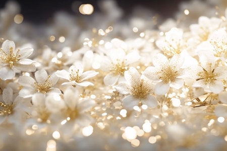 Close up of beautiful white flowers with bokeh effect on black backgroundの素材