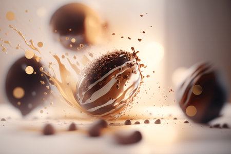 Chocolate balls with splashes on light background. 3d renderingの素材