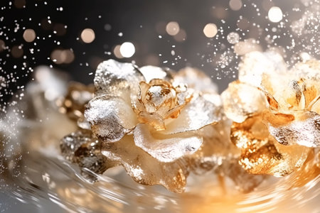 golden christmas decoration on a dark background with bokehの素材