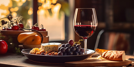 Glass of red wine, cheese, grapes and bread on wooden tableの素材