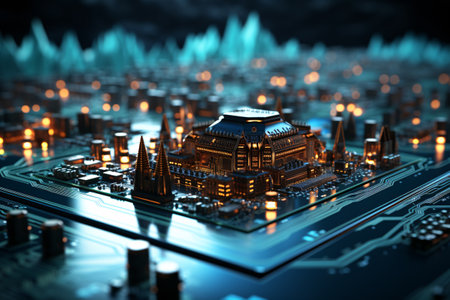 3D illustration of a futuristic city in the form of a microcircuitの素材