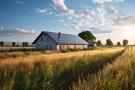 An image of a nice rural house with solar panels on the roofの素材