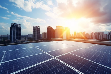 Solar panels installed on the roof of a residential building with the cityscape in the background.の素材