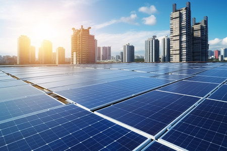 Solar panels on the roof of a modern building with cityscape backgroundの素材