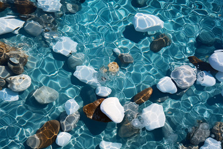 Pebbles on the surface of the water in the pool.の素材
