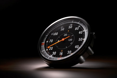 Close up of a speedometer on a black background with shallow depth of fieldの素材