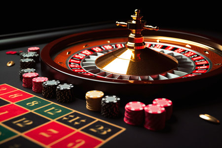 Casino roulette wheel and chips on black background. 3d renderingの素材