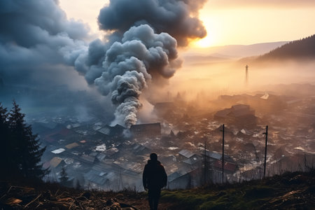A man stands on top of a hill and looks at the smoke from a chimney in the morning.の素材