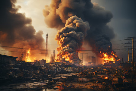 Burning industrial plant with smoke and smog. Environmental pollution.の素材