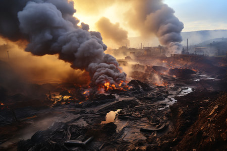 Burning industrial area with smoke and smog at sunset, natural disaster.の素材